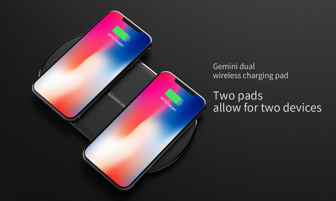 Nillkin Gemini Dual Wireless Fast Charging Charger - High Speed 10W Portable Slim Black Intelligent Sleek Charge 2 At 1 Time Faster Special Design Ultrathin 12mm thickness Leather Office Home Non Slip